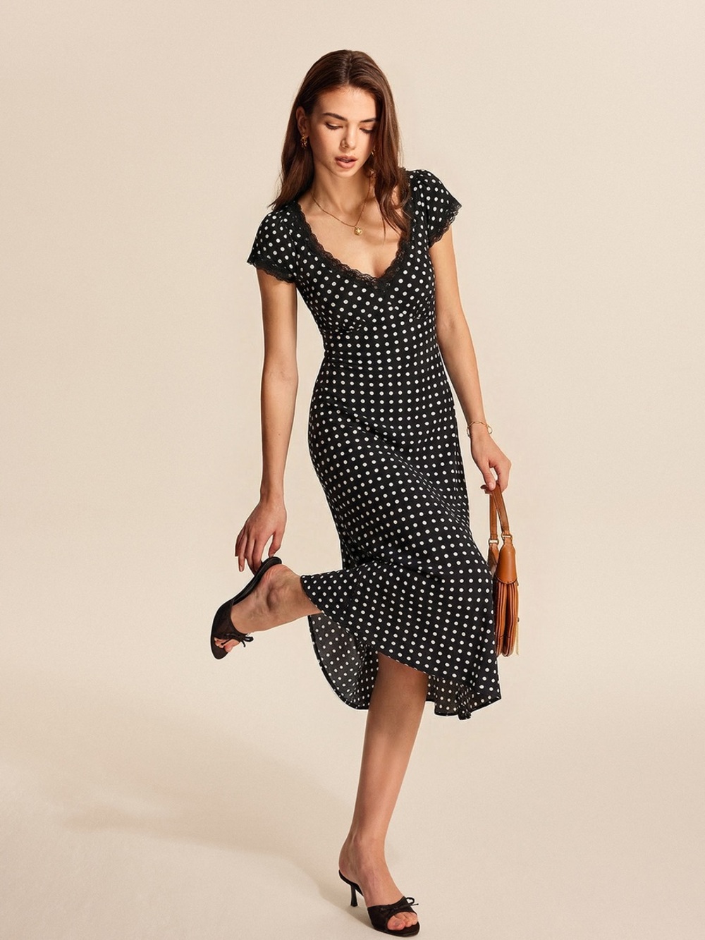 Commense Polka Dot Lace V-Neck Midi Dress black lace